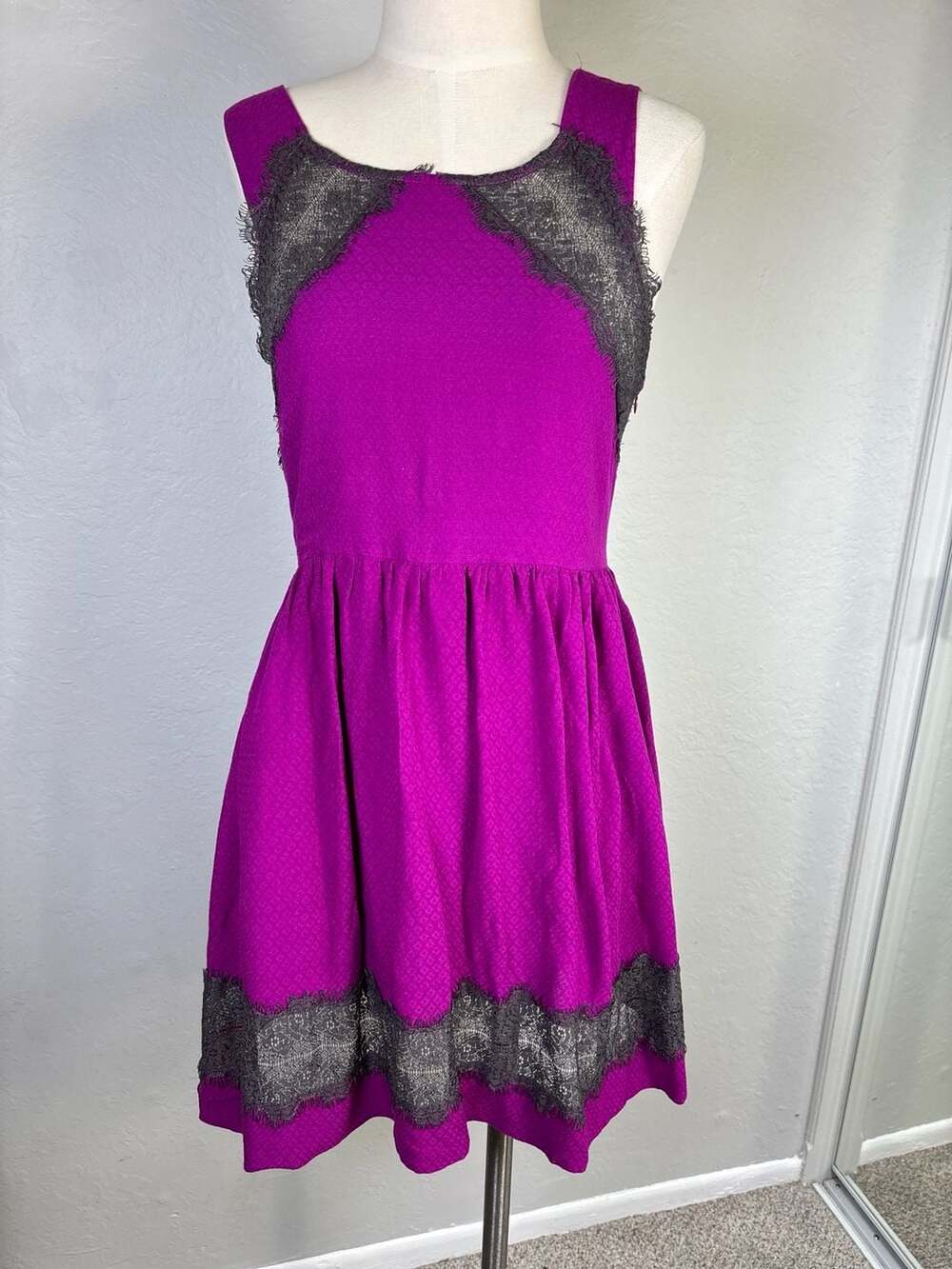 Free People Georgia Mini Swing Dress Magenta with Eyelash Lace Trim